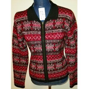 ✅100% wool Harris/Wallace Red/Black/White wool Fair Isle knit zipper Cardigan